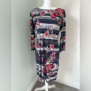 Glamour Navy Striped Midi Dress with Pink Floral Print